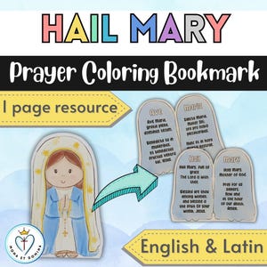 Op de afbeelding: Een kleurboek-bladwijzer met de tekst "HAIL MARY" in kleurrijke letters. De bladwijzer bevat een illustratie van Maria, samen met gebeden in het Engels en Latijn. De tekst "Prayer Coloring Bookmark" is ook zichtbaar.