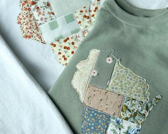 Patchwork State Crewneck, Quilted Sweatshirt, Vintage Fabric Embroidery, Cozy Cottagecore Style