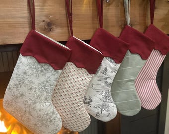 Handmade Linen/Cotton Christmas Stocking Embroidered Name • Nostalgic, Vintage Aesthetic • Scalloped Cuff • Personalized Holiday Stocking