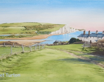 Coastguard Cottages and Seven Sisters, mounted and signed by artist