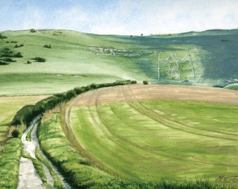 Chalk Road to Long Man of Wilmington, mounted print signed