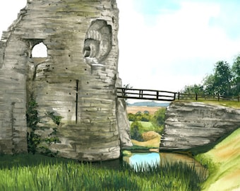 Pevensey Castle, mounted print signed by artist