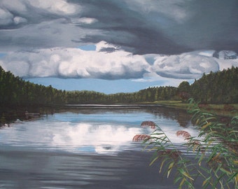 Dark Clouds Over Lake, acrylic painting on canvas