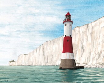 Beachy Head Lighthouse print, mounted and signed by artist