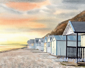Beach Huts at Sunset Print, mounted and signed