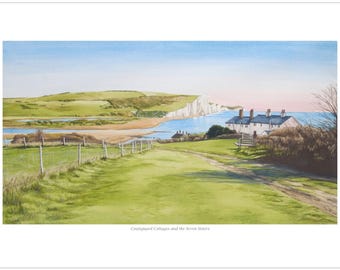 Coastguard Cottages and Seven Sisters, mounted and signed by artist