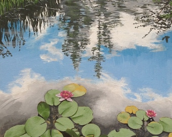 Lily Pond under a Blue Sky, acrylic painting on canvas