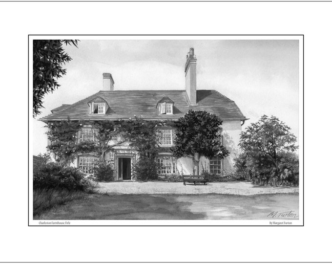 Featured listing image: Charleston Farmhouse Print, A3 black and white, Bloomsbury Group Home, Sussex Art