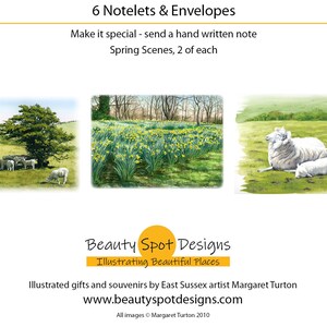 May include: Six notelets and envelopes with a watercolor illustration of spring scenes. The notelets feature a field of daffodils and a field with sheep. The text on the image reads "6 Notelets & Envelopes", "Make it special - send a hand written note", "Spring Scenes, 2 of each", "Beauty Spot Designs", "Illustrating Beautiful Places", "Illustrated gifts and souvenirs by East Sussex artist Margaret Turton", "www.beautyspotdesigns.com", and "All images © Margaret Turton 2010".