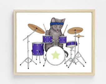 Cat Drummer Art Print. Rock and Roll Art. Animal Art. Music Kitten Art. Cute Drums Print. Musical Nursery. Kids Room Print. Drummer Gift.