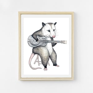 May include: A black and white illustration of a possum playing a silver guitar. The possum is sitting on a stool and has a long tail.