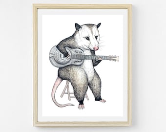 Prunk Opossum. Possum Kunstdruck. Bluegrass Tierbande. Bluegrass Geschenk. Musiker Musik Poster. Dobro Slide Gitarre Dekor. Land Possum.