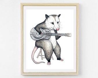 Printable Bluegrass Opossum Possum Art Print Animal Band Music Poster. Dobro Slide Guitar Decor. Woodland Nursery Instant Digital Download