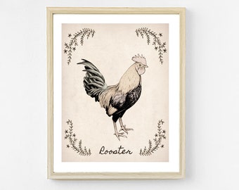 Rooster Art Print. Farmhouse Decor. Rustic Black and White Art Print. Chicken Art. Rooster Print. Rooster Decor. Pen and Ink Illustration.