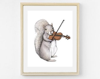 Bluegrass Squirrel Color. Squirrel Print. Bluegrass Animal Band Art Print. Animal Art. Music Art. Cute Squirrel Art. Fiddle Violin.