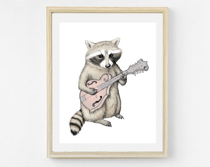 Bluegrass Raccoon. Color Raccoon Print. Bluegrass Animal Band Art Print. Animal Art. Music Art. Cute Raccoon Art. Mandolin Decor.