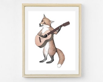 Bluegrass Fuchs. Farbe Fuchs Kunstdruck. Bluegrass Animal Band Kunstdruck. Tierkunst. Musikkunst. Niedliche Fuchs Kunst. Fuchs auf Gitarre Kunst Musical