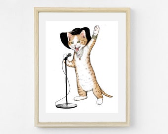 Cat Singer Art Print. Rock and Roll Kitten Art. Cute Animal Print. Musical Nursery. Vocalist -  Musician - Singer - Jazz- Music Lover Gift.