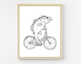 Fish on a Bike Art Print. Whimsical Wall Art. Funny Wall Decor. Feminist Fish. Cute Bicycle Wall Poster Art. Unique Gift for him, for her