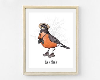 May include: A digital illustration of a robin wearing a ranger hat, binoculars, and hiking boots. The robin is standing on a branch and the text "Bird Nerd" is below the robin.