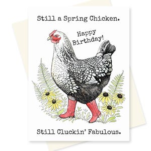 Cartão de aniversário engraçado da galinha da primavera. Feliz aniversário da galinha caipira de botas. Mamãe fabulosa amante de galinhas. Trocadilho fofo com a garota da fazenda. Presente para o dono da galinha.