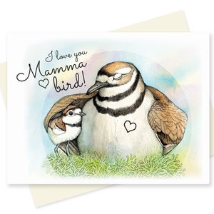 Te amo Tarjeta Mamá Pájaro. Bonito regalo para el día de la madre. Dulce pollito, madre y pajarito. Mamá Killdeer Chorlito. Amante de la observación de aves / Observador / Observador de aves