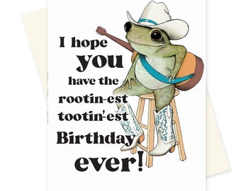 Cowboy Frog Funny Birthday Card. Country Bluegrass Happy Birthday. Musical Guitar. Cute Boyfriend Birthday Card. Funny Toad Rootin Tootin.