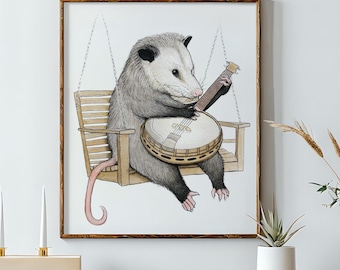 Bluegrass Banjo Opossum Art Print. Deliverance Possum Gift. Musician Folk Music Poster. Woodland Country Decor. Animal Nursery Kids Room.