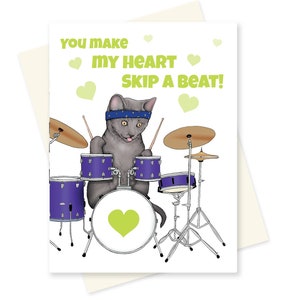 Cat Drummer Valentines Love Card. Rock and Roll Valentine. Regalo músico. Lindo juego de palabras Novio / Novia Tarjeta de romance. Aniversario de animales.