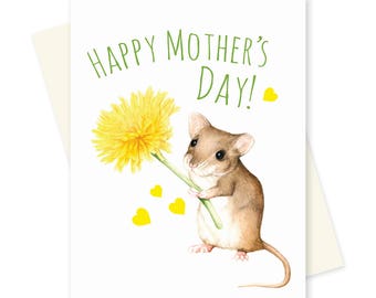 Cute Mothers Day Card. Watercolor Mouse and Flower Card. For Mom. Woodland Greeting Card. Happy Mothers Day. Floral Mothers Day. Animal Card