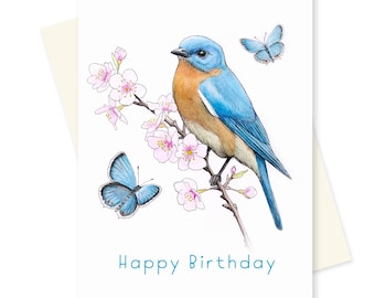 Bluebird and Butterflies Happy Birthday Card.