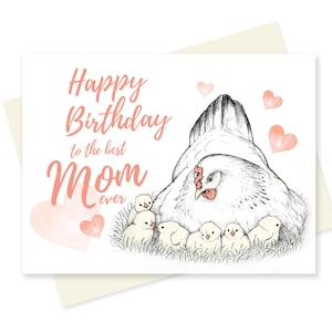 Tarjeta de cumpleaños de la gallina de la madre dulce. Tarjeta de cumpleaños de pollo para mamá. Animales de granja. Linda tarjeta de pájaro.
