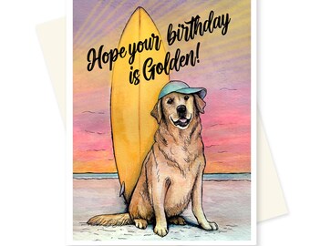 Surfing Golden Retriever Birthday Card.