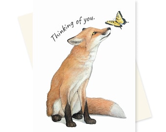 Thinking of You Fox and Butterfly Card. Just Because Greeting Card for Friend. Long Distance Greetings.