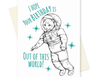 Space Cat Birthday Card. Funny Birthday Card. Boyfriend Birthday Card. Unique Cat Card. Cat Lover Card. Space Cat Art. Girlfriend Card.