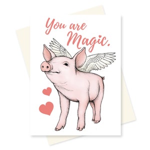 Cerdo Valentín. Cerdo volador. Tarjeta Romántica. Esposo, esposa, novio, tarjeta de novia. Regalo de feliz día de San Valentín. Aniversario mágico de animales de granja