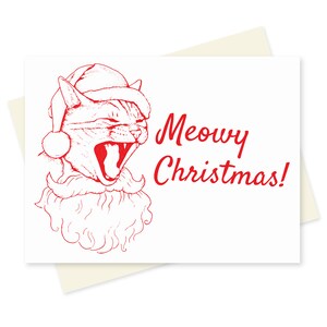 Meowy Christmas Card. Funny Cat Card. Geeky Christmas Card. Cute Cat Pun Card. Joyeux Noël. Carte de vœux de Noël pour chat. Santa Meow.