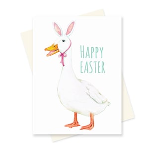 Tarjeta de Pascua linda. ¡Feliz Pascua! Tarjeta de conejito lindo. tarjeta de pato divertido. Tarjeta hecha a mano. Tarjeta de felicitación del bosque.
