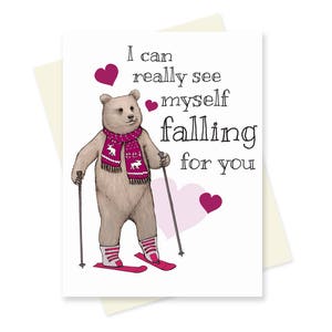 Ours de la Saint-Valentin carte Saint Valentin carte Ski Ski la Saint-Valentin. Amour mignon jeu de mots. Doux anniversaire carte carte drôle pour elle pour lui