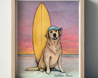 Beach Golden Retriever Surf at Sunset Art Print. Coastal Dog Decor.