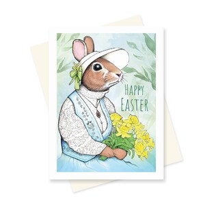 Niedliche Osterhasen Karte. Frohe Ostern Hase Karte. Florale Narzissen süsse Osterkarte. Handgemachte illustrierte Blumen Victorian Fancy Rabbit.