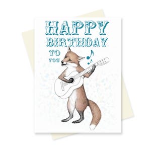 Cartão de aniversário da raposa. Feliz Aniversário Bluegrass. Aniversário de guitarra musical. Cartão de aniversário de namorado fofo. Cartão Animal Engraçado. Em branco por dentro.