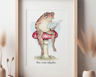 Cottagecore Toad and Book Watercolor Art Print. Reading Lover Decor.