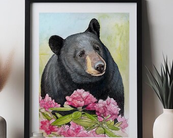 Black Bear in the Flowers Watercolor Art Print. Cabin Mountain Decor.