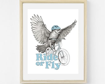 Ride or Fly Bird Art Print. Bicycle Birding Artwork. Birdwatcher Cycling Art. Ride or Die Illustration. Bike Crow Bird Lover Funny Gift