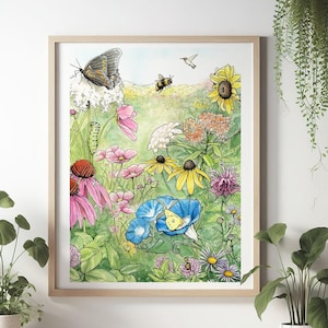 Floral Garden Print Artwork Gift. Cute Wall Decor Wildflowers Butterfly Art Watercolor. Botanical Decor. Living Room / Kitchen / Nursery Art