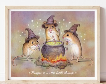 Animal Witch Art Print. Magical Mouse Coven. Cozy Fall Halloween Cauldron Decor.