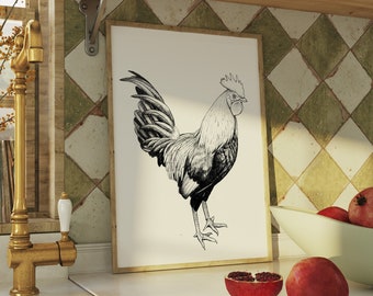 Rooster Art Print. Farmhouse Decor. Rustic Black and White Art Print. Chicken Wall Art. Rooster Print. Cottagecore Decor ink Illustration.