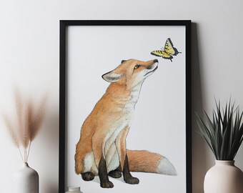Fox and Butterfly Fine Art Print. Cabin / Cottage Decor.