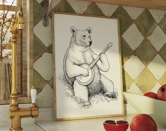 Bluegrass Banjo Bear Art Print. Bluegrass Animal Band. Bluegrass Gift. Musician Music Poster. Banjo Decor. Country Decor Black and white ink